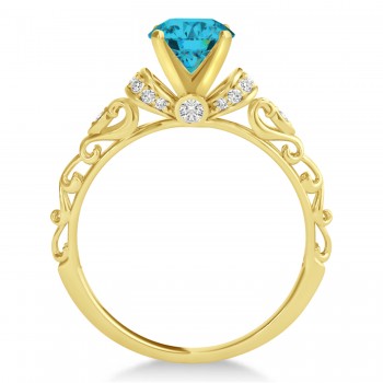 Blue Diamond & Diamond Antique Engagement Ring 18k Yellow Gold 0.87ct