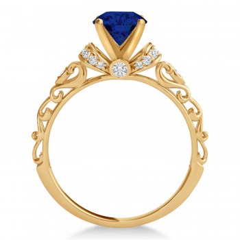 Blue Sapphire & Diamond Antique Style Engagement Ring 14k Rose Gold (0.87ct)