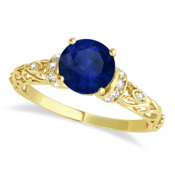 Blue Sapphire & Diamond Antique Engagement Ring 14k Yellow Gold 0.87ct
