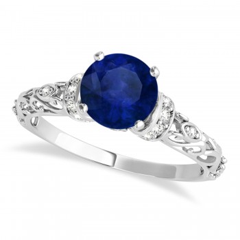 Blue Sapphire & Diamond Antique Style Engagement Ring Platinum (0.87ct)