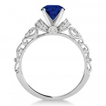 Blue Sapphire & Diamond Antique Style Engagement Ring Platinum (0.87ct)