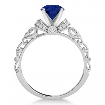 Blue Sapphire & Diamond Antique Style Engagement Ring Platinum (1.12ct)