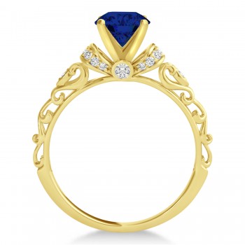 Blue Sapphire & Diamond Antique Engagement Ring 14k Yellow Gold 1.62ct