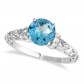 Blue Topaz & Diamond Antique Style Engagement Ring 14k White Gold (0.87ct)