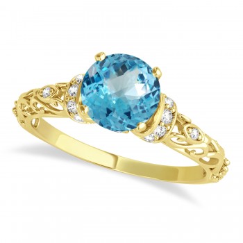 Blue Topaz/Diamond Antique Style Engagement Ring 14k Yellow Gold .87ct