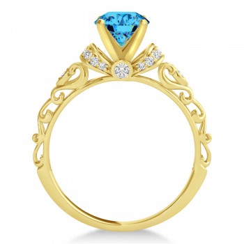 Blue Topaz/Diamond Antique Style Engagement Ring 14k Yellow Gold .87ct