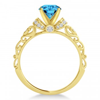 Blue Topaz/Diamond Antique Style Engagement Ring 14k Yellow Gold .87ct