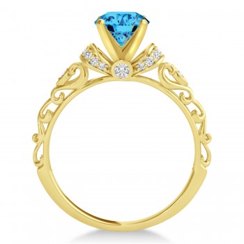 Blue Topaz/Diamond Antique Style Engagement Ring 18k Yellow Gold .87ct