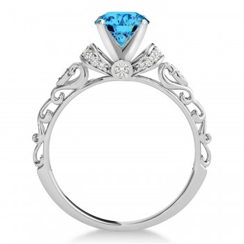 Blue Topaz & Diamond Antique Style Engagement Ring 14k White Gold (1.12ct)