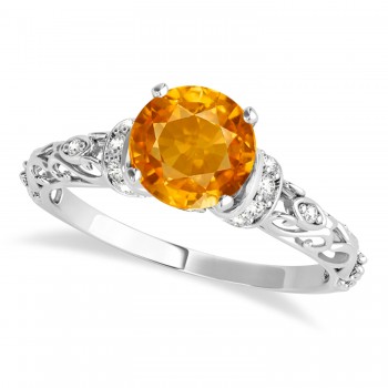 Citrine & Diamond Antique Style Engagement Ring 14k White Gold (0.87ct)