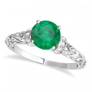 Emerald & Diamond Antique Style Engagement Ring 14k White Gold (0.87ct)
