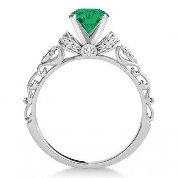 Emerald & Diamond Antique Style Engagement Ring 14k White Gold (0.87ct)