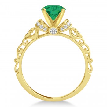 Emerald & Diamond Antique Style Engagement Ring 18k Yellow Gold 0.87ct