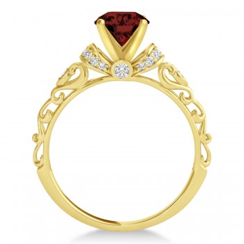Garnet & Diamond Antique Style Engagement Ring 14k Yellow Gold 0.87ct