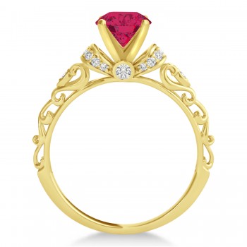 Ruby & Diamond Antique Style Engagement Ring 18k Yellow Gold (0.87ct)