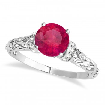 Ruby & Diamond Antique Style Engagement Ring Platinum (0.87ct)