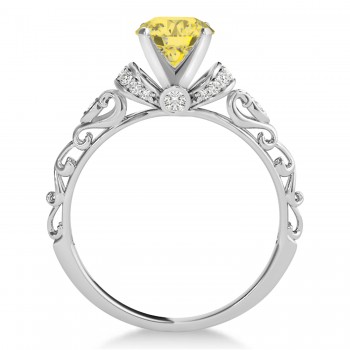 Yellow Diamond & Diamond Antique Style Engagement Ring 14k White Gold (0.87ct)