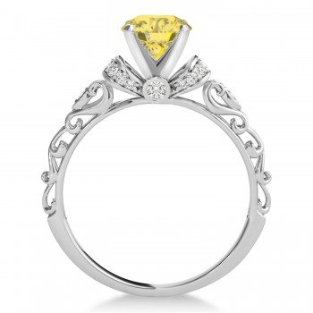 Yellow Diamond & Diamond Antique Style Engagement Ring 18k White Gold (1.62ct)