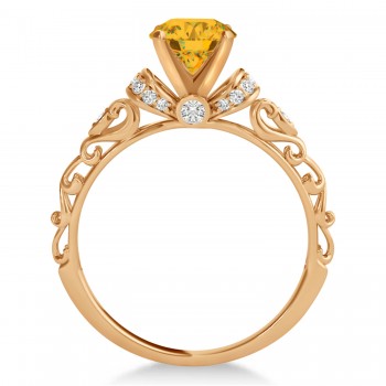 Yellow Sapphire & Diamond Antique Style Engagement Ring 14k Rose Gold (0.87ct)