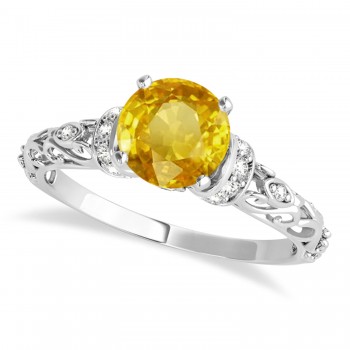 Yellow Sapphire & Diamond Antique Style Engagement Ring 14k White Gold (0.87ct)