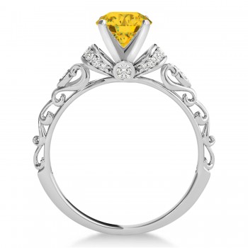 Yellow Sapphire & Diamond Antique Style Engagement Ring 18k White Gold (0.87ct)