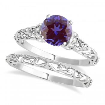 Lab Alexandrite & Diamond Antique Style Bridal Set 14k White Gold (0.87ct)