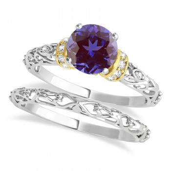 Lab Alexandrite & Diamond Antique Style Bridal Set 18k Two-Tone Gold (1.12ct)