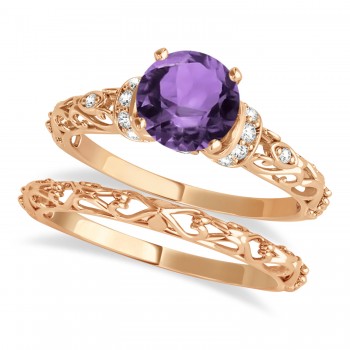 Amethyst & Diamond Antique Style Bridal Set 14k Rose Gold (0.87ct)