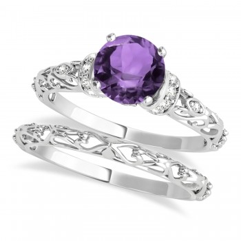 Amethyst & Diamond Antique Style Bridal Set 14k White Gold (0.87ct)