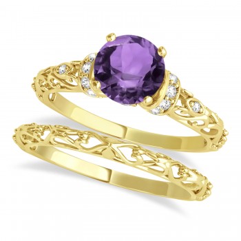 Amethyst & Diamond Antique Style Bridal Set 14k Yellow Gold (0.87ct)