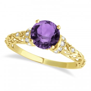 Amethyst & Diamond Antique Style Bridal Set 14k Yellow Gold (0.87ct)