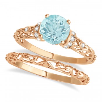 Aquamarine & Diamond Antique Style Bridal Set 14k Rose Gold (0.87ct)