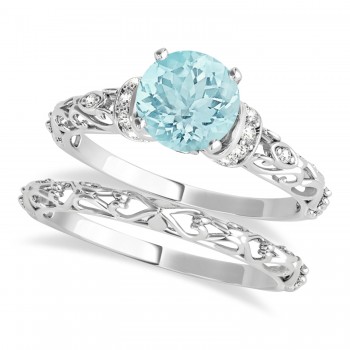 Aquamarine & Diamond Antique Style Bridal Set 14k White Gold (0.87ct)