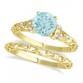 Aquamarine & Diamond Antique Style Bridal Set 14k Yellow Gold (0.87ct)