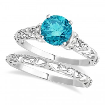 Blue Diamond & Diamond Antique Style Bridal Set 14k White Gold (1.12ct)