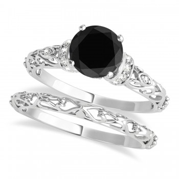 Black Diamond & Diamond Antique Style Bridal Set 14k White Gold (0.87ct)