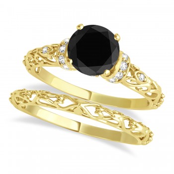 Black Diamond & Diamond Antique Bridal Set 14k Yellow Gold (0.87ct)