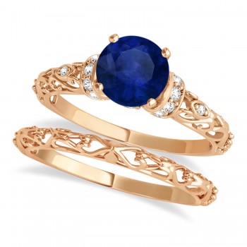Blue Sapphire & Diamond Antique Style Bridal Set 14k Rose Gold (1.12ct)