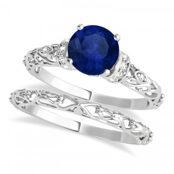 Blue Sapphire & Diamond Antique Style Bridal Set 14k White Gold (1.62ct)