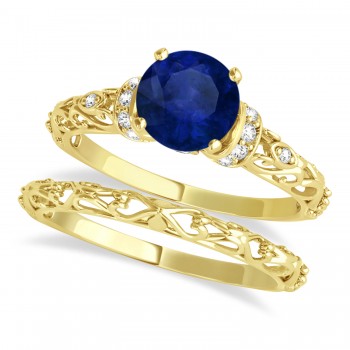 Blue Sapphire & Diamond Antique Bridal Set 18k Yellow Gold (1.62ct)