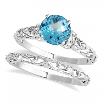 Blue Topaz & Diamond Antique Style Bridal Set 14k White Gold (0.87ct)