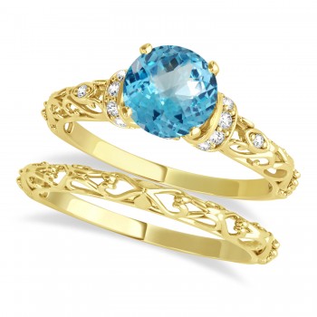 Blue Topaz & Diamond Antique Style Bridal Set 14k Yellow Gold (0.87ct)