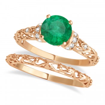 Emerald & Diamond Antique Style Bridal Set 14k Rose Gold (0.87ct)