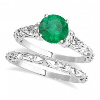Emerald & Diamond Antique Style Bridal Set 14k White Gold (0.87ct)