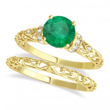 Emerald & Diamond Antique Style Bridal Set 14k Yellow Gold (1.12ct)