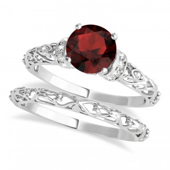 Garnet & Diamond Antique Style Bridal Set 14k White Gold (0.87ct)