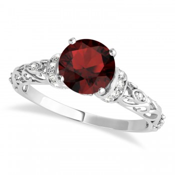 Garnet & Diamond Antique Style Bridal Set 14k White Gold (0.87ct)