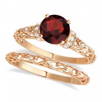 Garnet & Diamond Antique Style Bridal Set 14k Rose Gold (1.62ct)