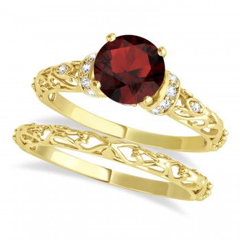 Garnet & Diamond Antique Style Bridal Set 14k Yellow Gold (1.62ct)