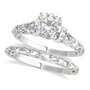 Moissanite & Diamond Antique Style Bridal Set 14k White Gold (0.87ct)